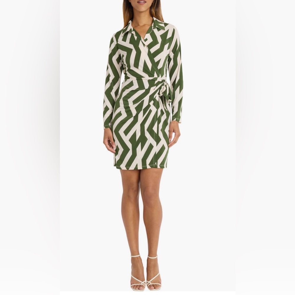 Donna Morgan Geometric‎ Print Wrap Dress- Ivory/Green Size:12